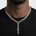 Iced Out Multicolor Y-Drop Link Chain Necklace – Stone-Set Mariner-Style Links with Red Pear-Shaped Drop | Gold or Silver