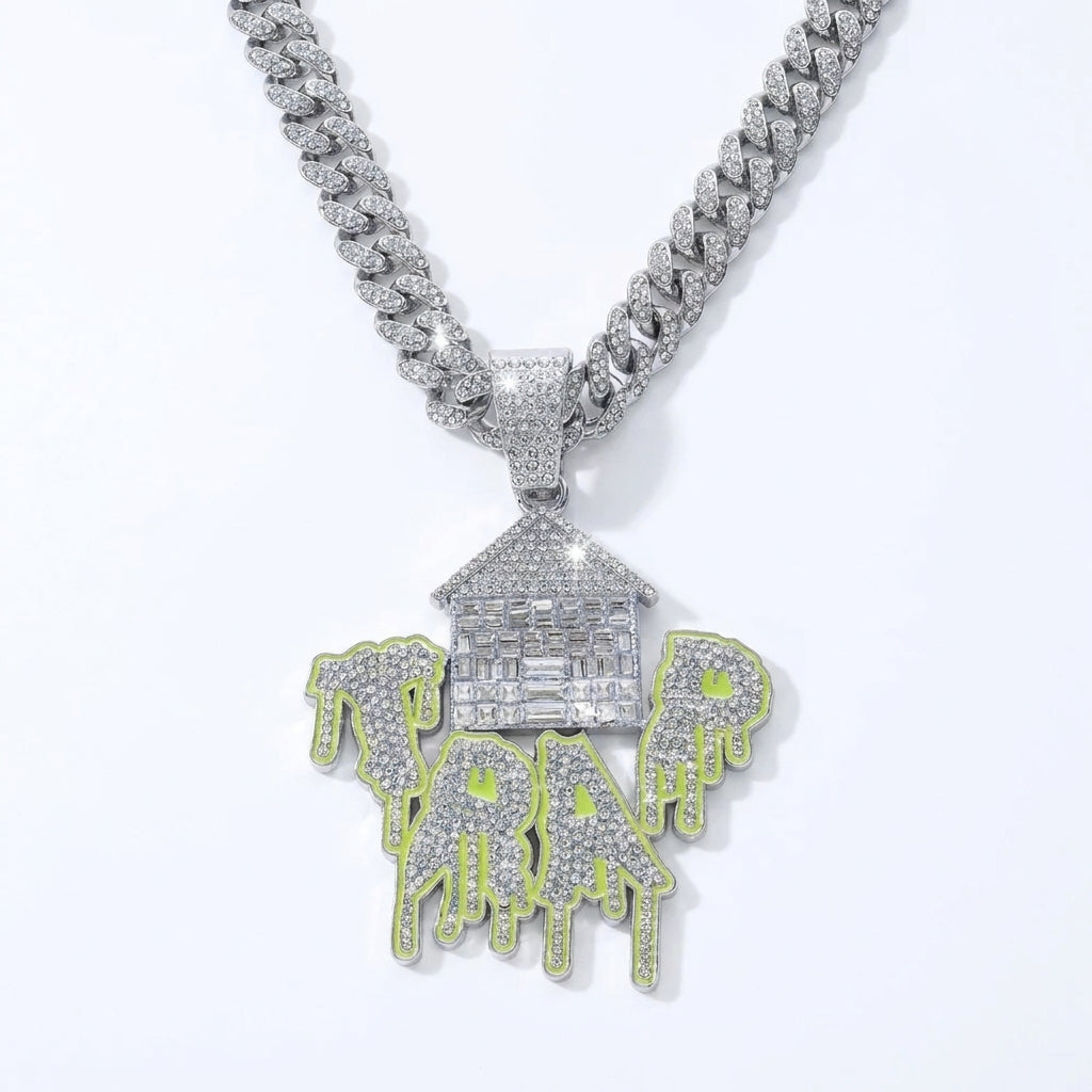 Iced Out Trap House Pendant Necklace on Cuban Link Chain – Baguette-Stone House & Green Drip TRAP Letters | Silver or Gold