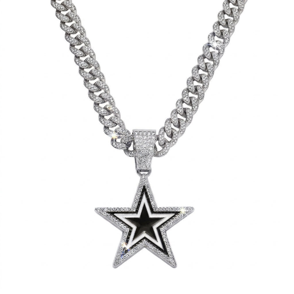 Iced Out Star Pendant Necklace on Cuban Link Chain – Black & White Enamel Star with Stone-Set Border | Silver or Gold