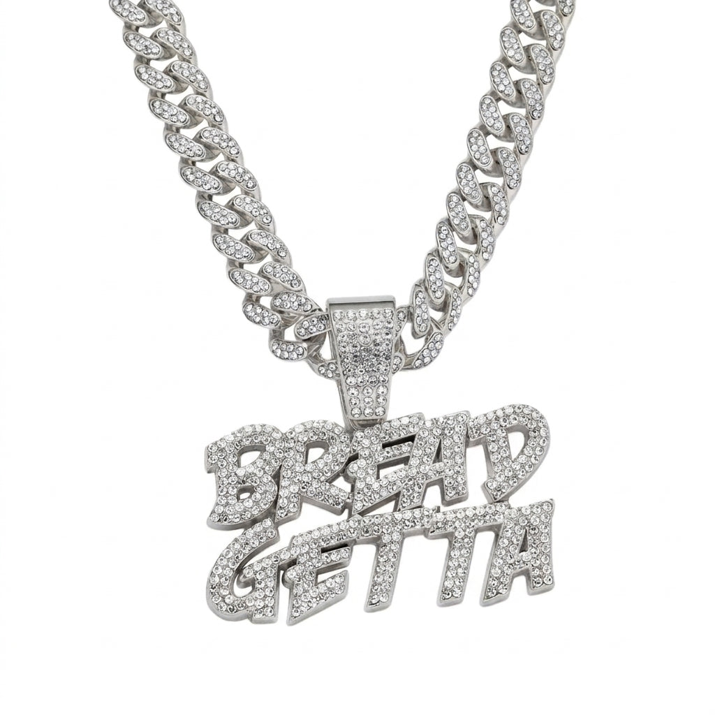 Iced Out BREAD GETTA Pendant Necklace on Cuban Link Chain – Stacked Graffiti-Style Letters | Silver or Gold