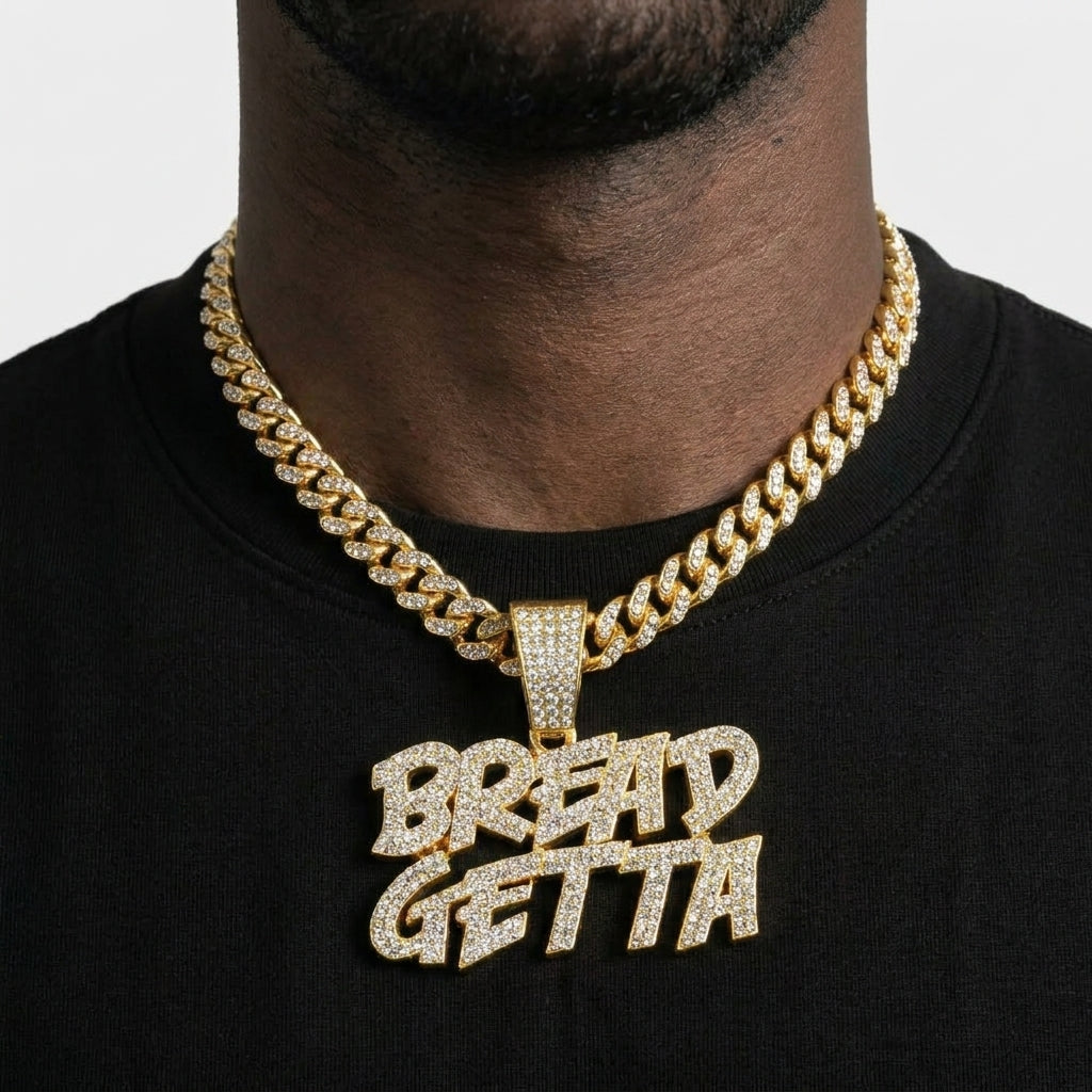 Iced Out BREAD GETTA Pendant Necklace on Cuban Link Chain – Stacked Graffiti-Style Letters | Silver or Gold