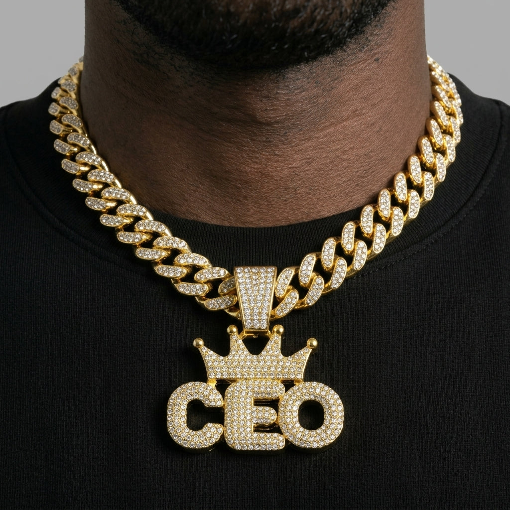 Iced Out Crowned CEO Pendant Necklace on Cuban Link Chain – Rounded Block Letters with Stone-Set Crown | Silver or Gold