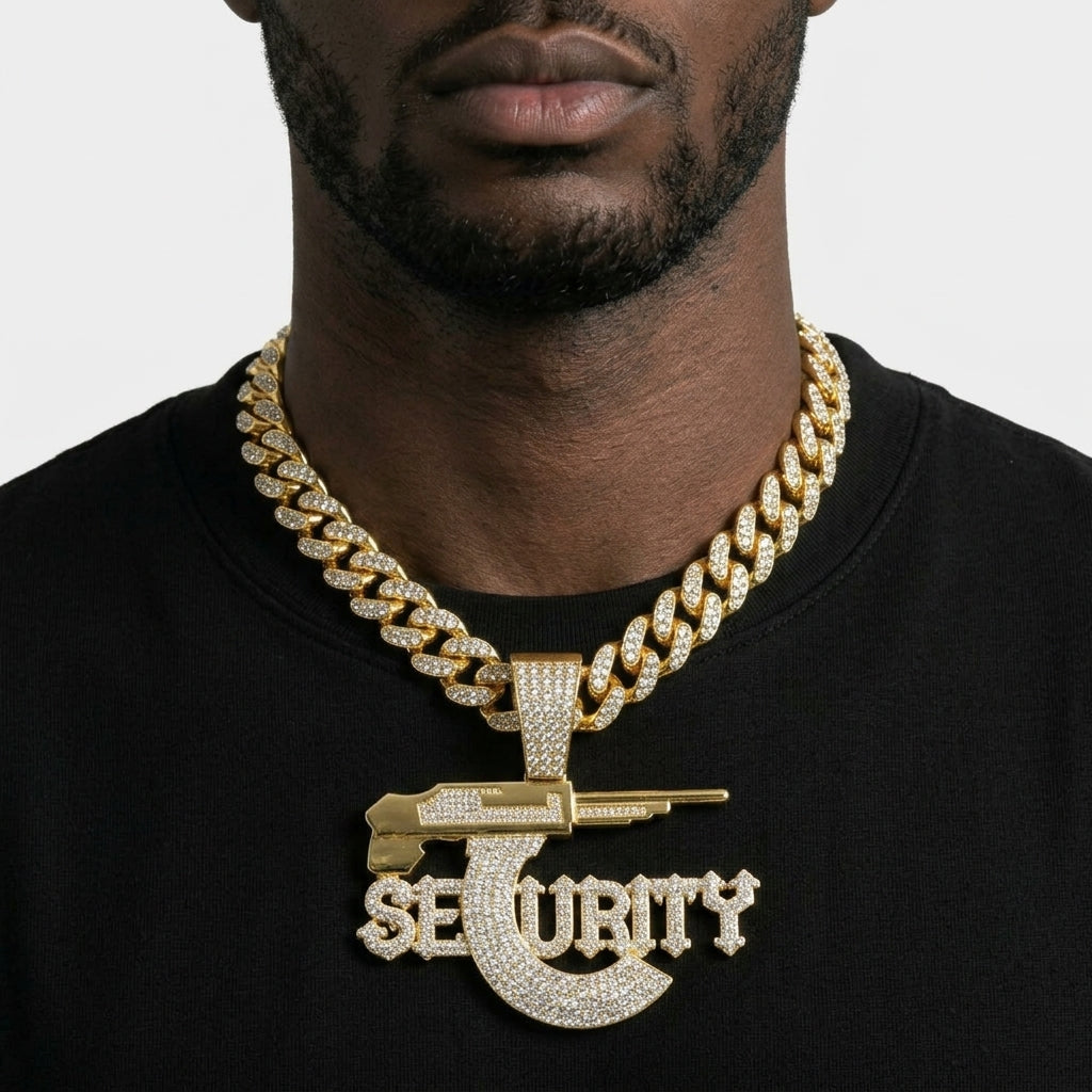 Iced Out SECURITY Pendant Necklace on Cuban Link Chain – Old English-Style Letters with Rifle Magazine C | Gold or Silver