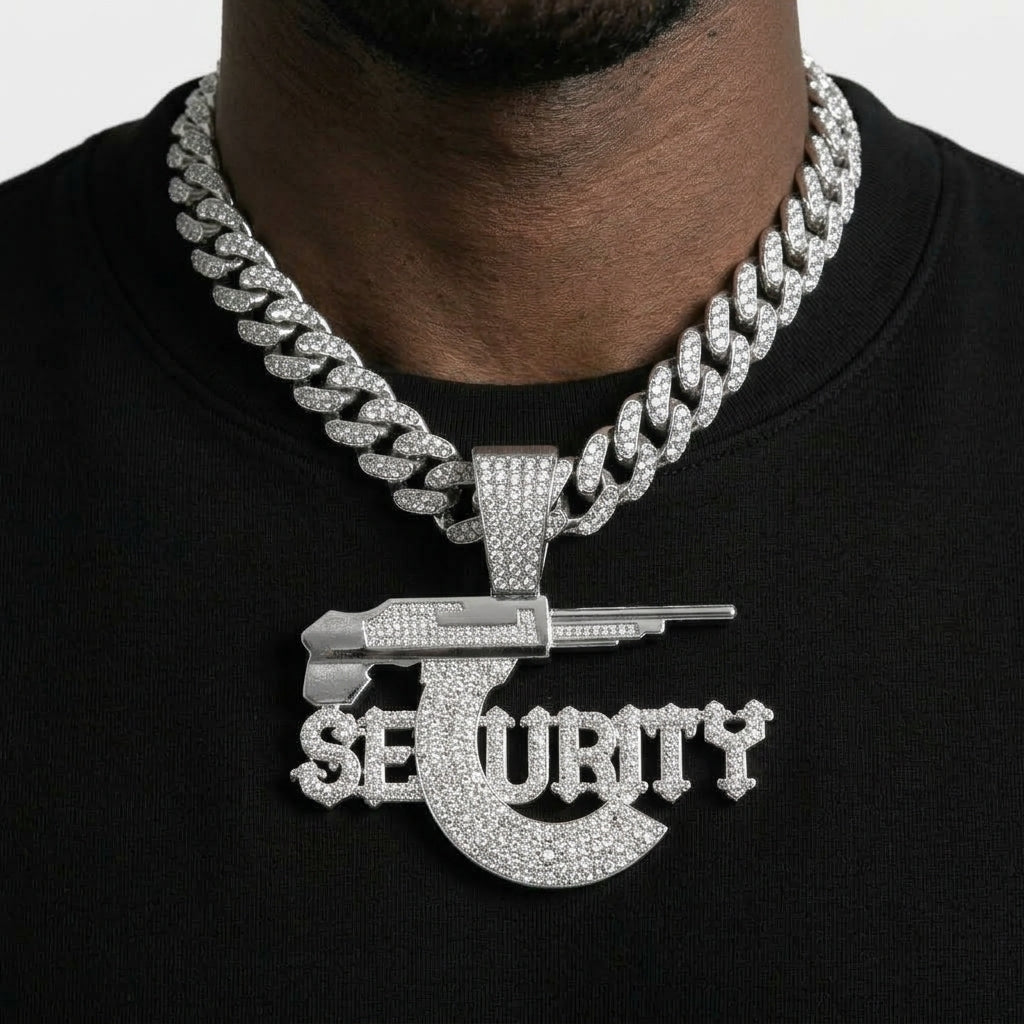 Iced Out SECURITY Pendant Necklace on Cuban Link Chain – Old English-Style Letters with Rifle Magazine C | Gold or Silver