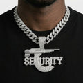 Iced Out SECURITY Pendant Necklace on Cuban Link Chain – Old English-Style Letters with Rifle Magazine C | Gold or Silver