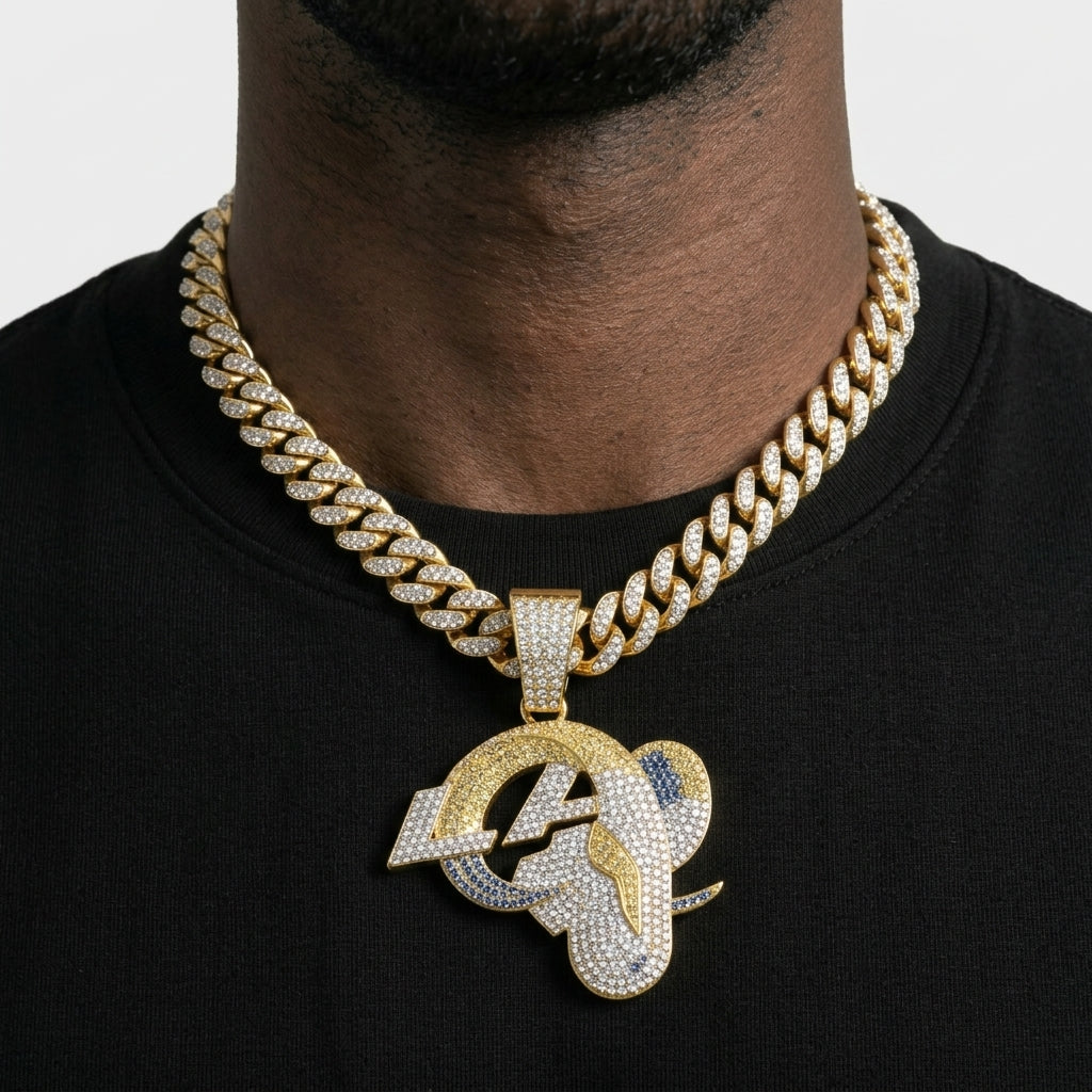 Los Angeles Rams Iced Out Pendant Necklace on Cuban Link Chain – Blue & Yellow Stone LA Ram Horn Logo | Gold or Silver