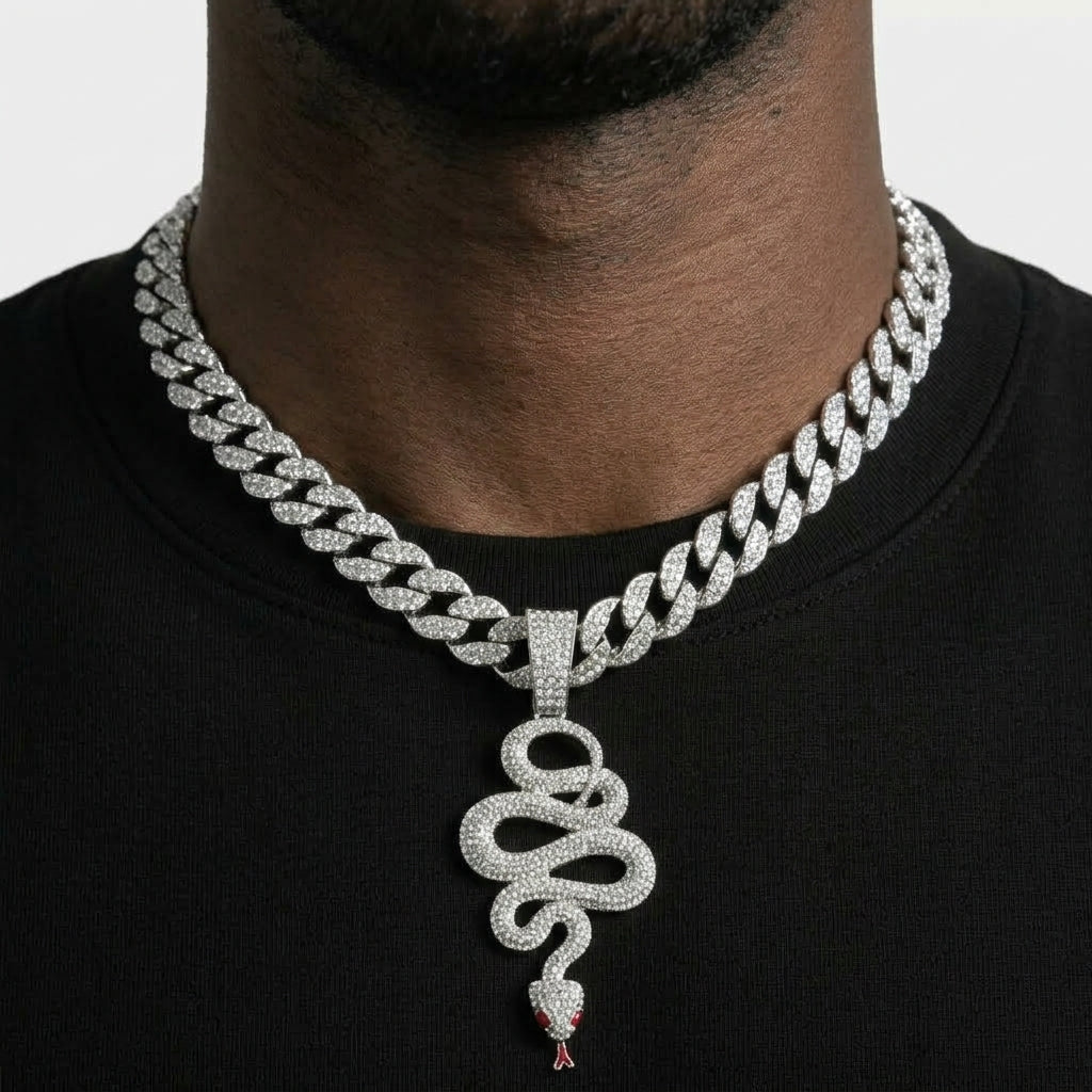 Iced Out Snake Pendant Necklace on Cuban Link Chain – Coiled Serpent with Red Eyes & Tongue | Gold or Silver