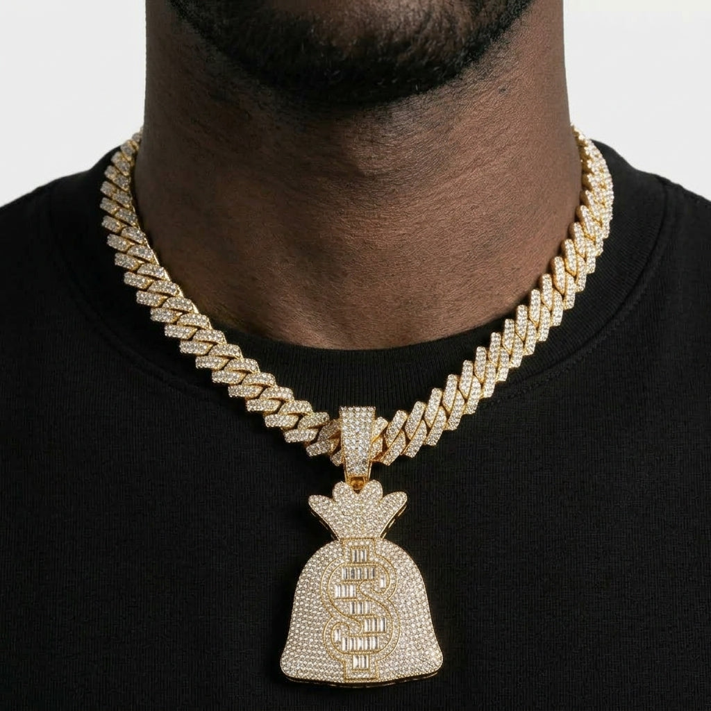 Iced Out Money Bag Pendant Necklace on Cuban Link Chain – Baguette-Stone Dollar Sign | Gold or Silver