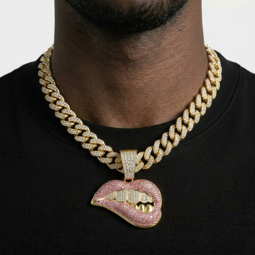 Iced Out Pink Lip Bite Pendant Necklace on Cuban Link Chain – Biting Lips with Iced Grillz | Gold or Silver