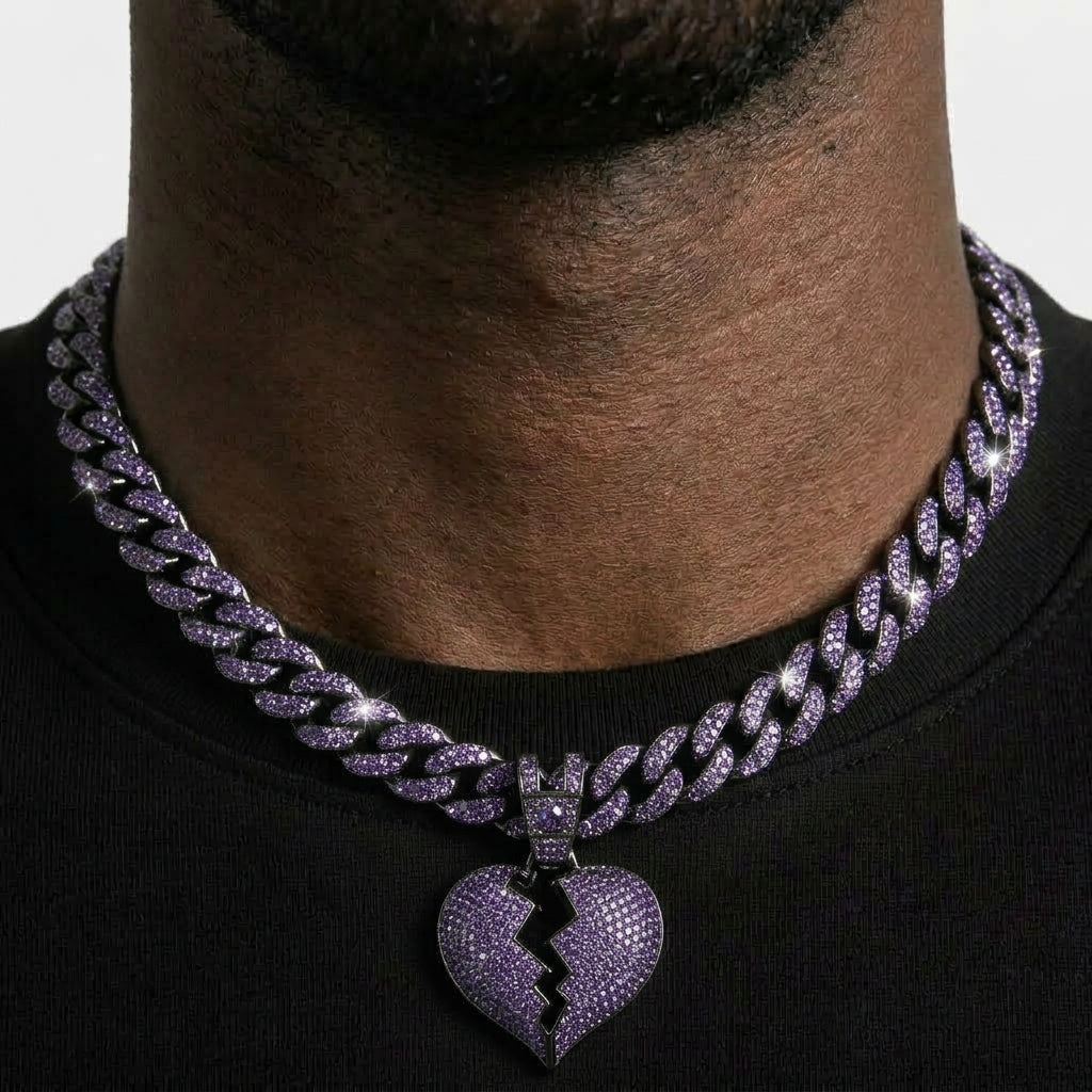 Iced Out Purple Broken Heart Pendant Necklace on Purple Cuban Link Chain – Split Heart with Open Crack