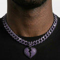 Iced Out Purple Broken Heart Pendant Necklace on Purple Cuban Link Chain – Split Heart with Open Crack