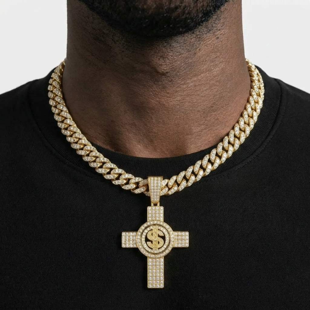Iced Out Dollar Sign Cross Pendant Necklace on Cuban Link Chain – Fully Stone-Set with Double-Ring Center Frame | Gold or Silver