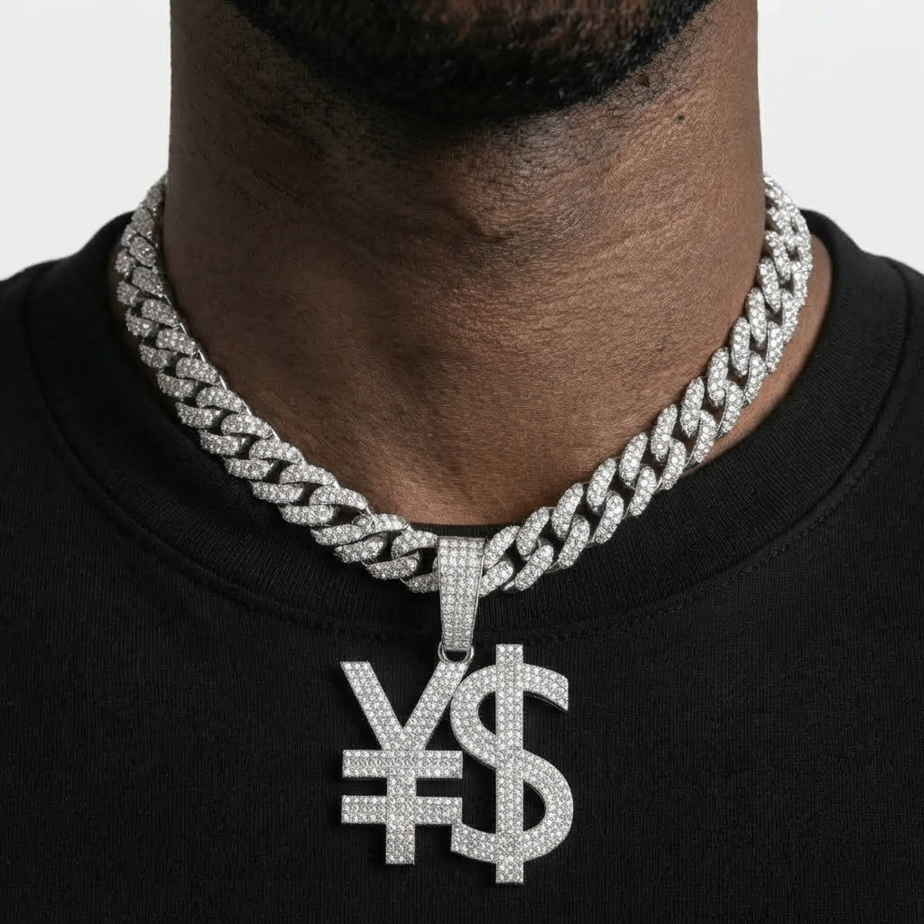 Iced Out Yen & Dollar Sign Pendant Necklace on Cuban Link Chain – Joined Currency Symbols, Fully Stone-Set | Gold or Silver