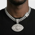 Iced Out Evil Eye Pendant Necklace on Cuban Link Chain – Almond-Shaped Eye with Baguette-Stone Iris Ring | Gold or Silver