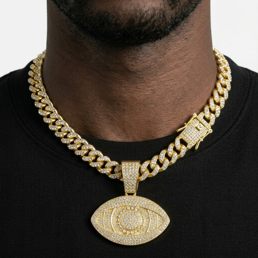Iced Out Evil Eye Pendant Necklace on Cuban Link Chain – Almond-Shaped Eye with Baguette-Stone Iris Ring | Gold or Silver