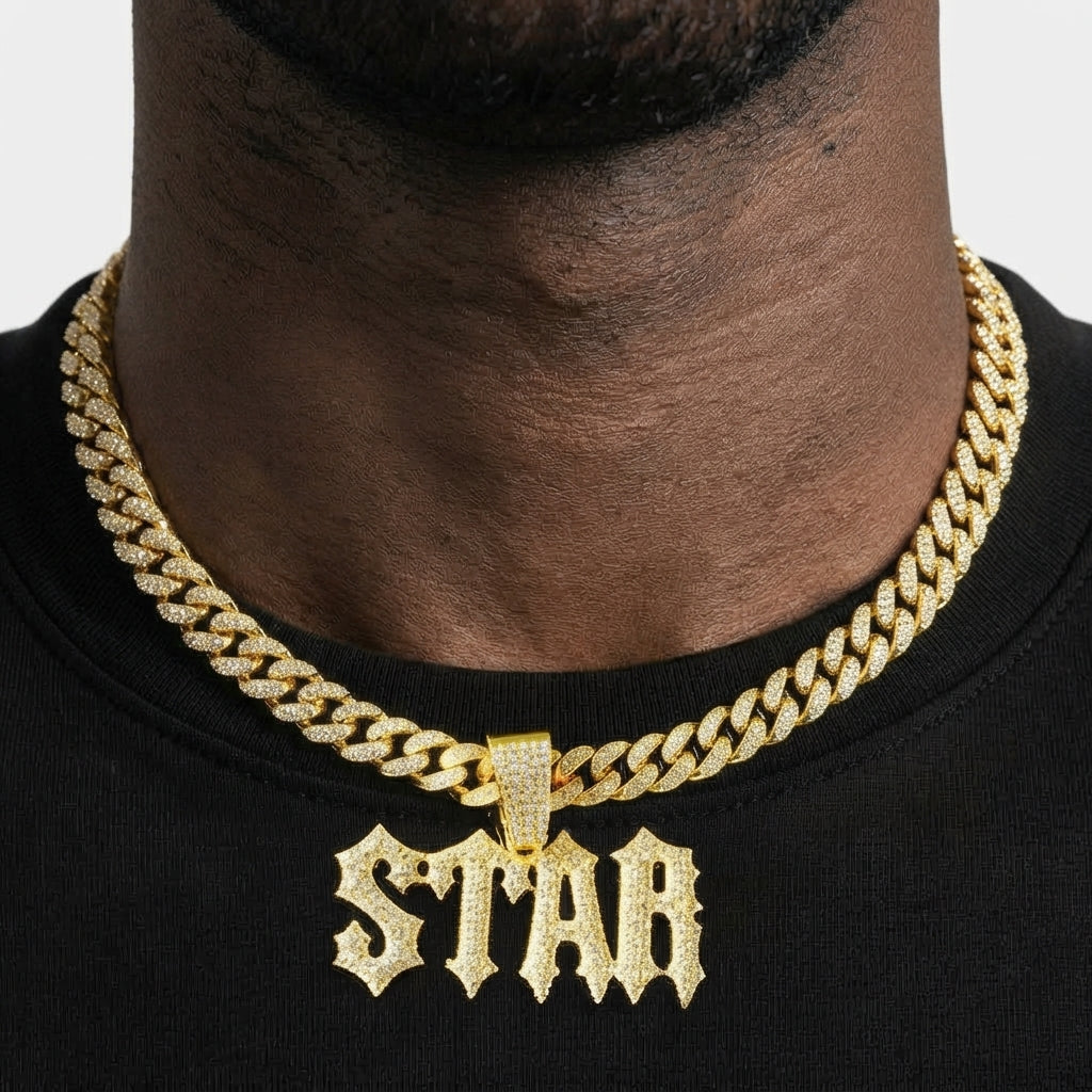 Iced Out STAR Pendant Necklace on Cuban Link Chain – Old English Gothic Letters | Gold or Silver