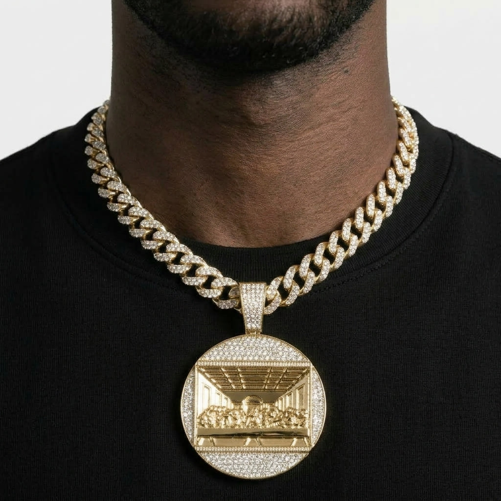 Iced Out Last Supper Medallion Pendant Necklace on Cuban Link Chain – Polished Relief Scene, Religious Jewelry | Gold or Silver