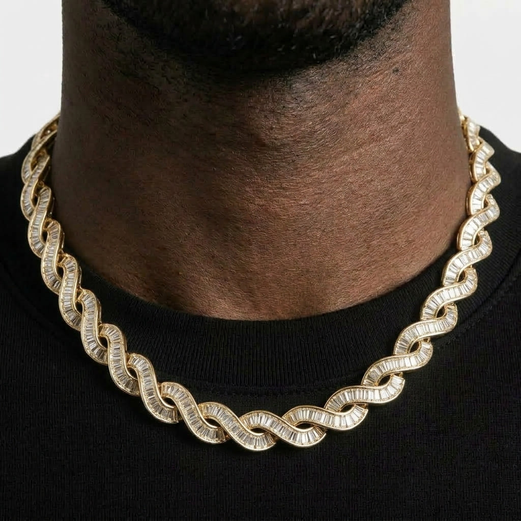 Iced Out Baguette Infinity Link Chain Necklace – Interlocking Figure-8 Links, Fully Stone-Set | Gold or Silver