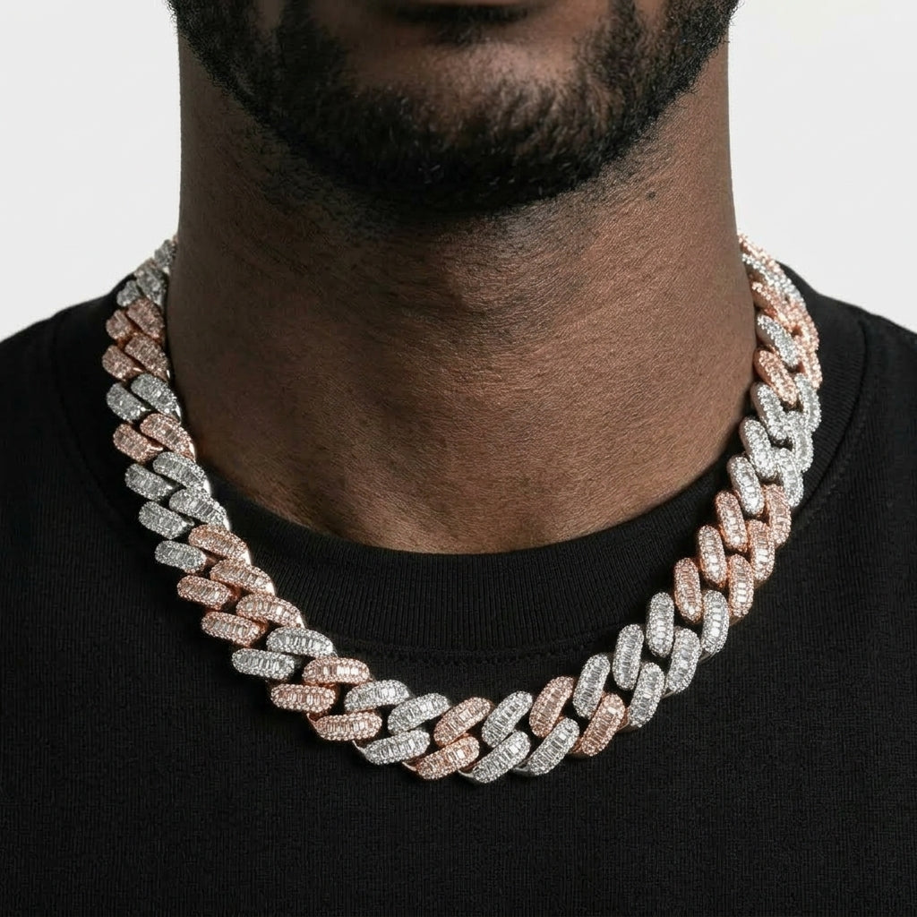 Iced Out Baguette Cuban Link Chain Necklace – Baguette-Stone Links with Pavé Borders & Box Clasp | Gold, Silver & Mixed-Metal Options
