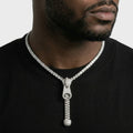 Iced Out Zipper Pull Pendant Necklace on Tennis Chain – Stone-Set Slider, Pull Tab & Dangling Zipper Teeth | Gold or Silver