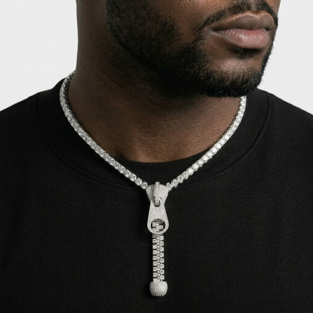 Iced Out Zipper Pull Pendant Necklace on Tennis Chain – Stone-Set Slider, Pull Tab & Dangling Zipper Teeth | Gold or Silver