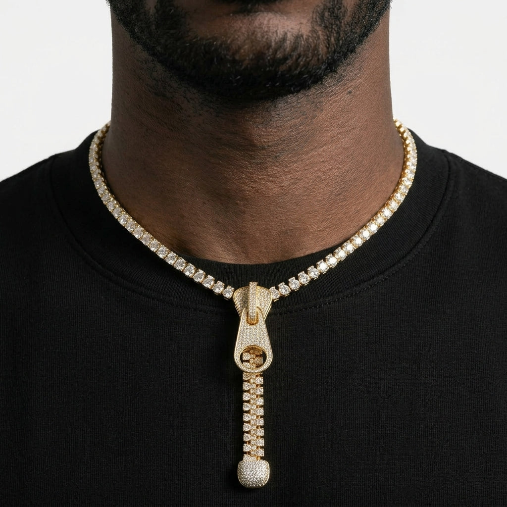 Iced Out Zipper Pull Pendant Necklace on Tennis Chain – Stone-Set Slider, Pull Tab & Dangling Zipper Teeth | Gold or Silver