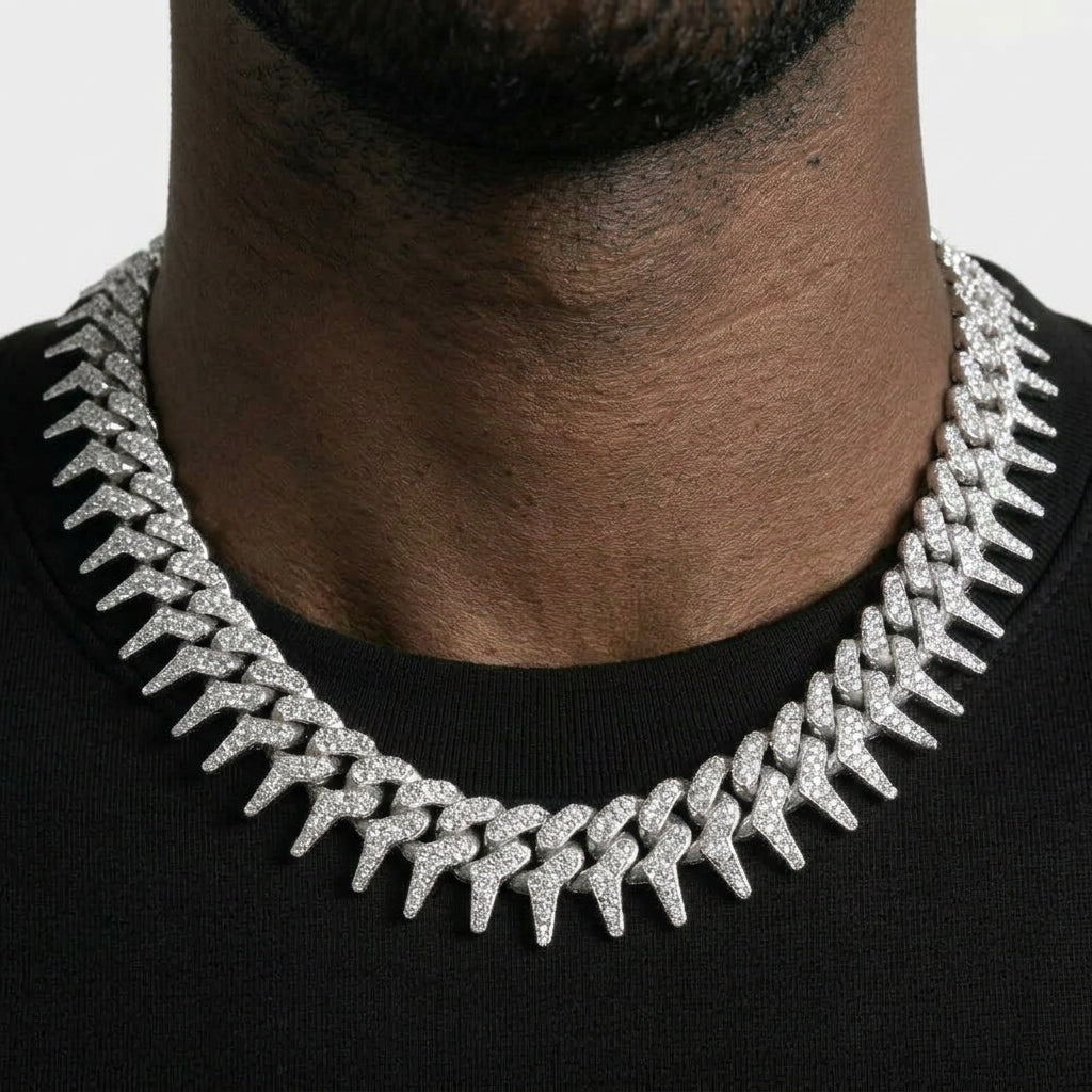 Iced Out Spiked Cuban Link Chain Necklace – Pointed Spike Links, Fully Stone-Set | Gold or Silver