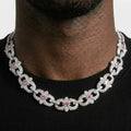 Iced Out Pink Marquise Stone Link Chain Necklace – Ornate Floral Links with Stone-Set Loops | Silver