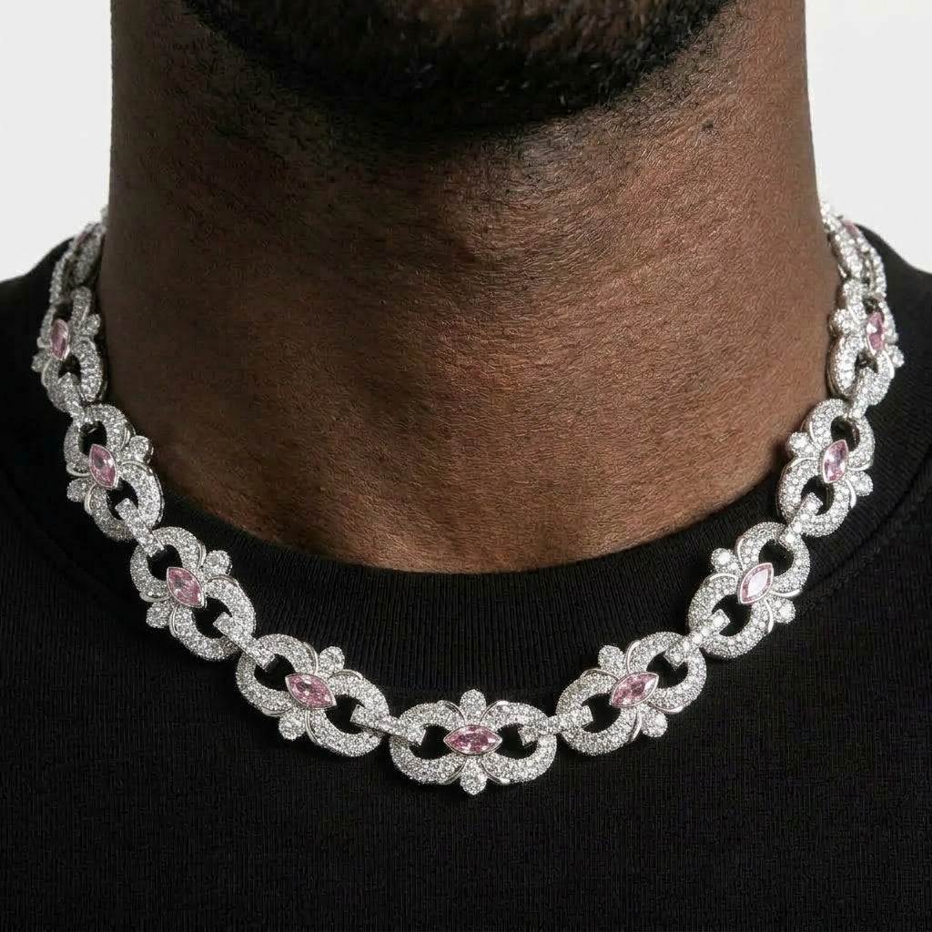 Iced Out Pink Marquise Stone Link Chain Necklace – Ornate Floral Links with Stone-Set Loops | Silver