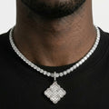 Iced Out Scalloped Diamond-Shaped Pendant Necklace on Tennis Chain – Baguette-Stone Grid with Round Stone Clusters | Silver