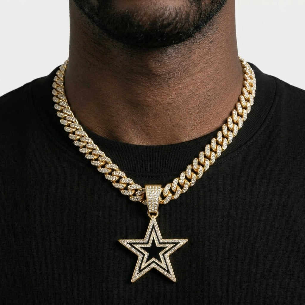 Iced Out Star Pendant Necklace on Cuban Link Chain – Black & White Enamel Star with Stone-Set Border | Silver or Gold