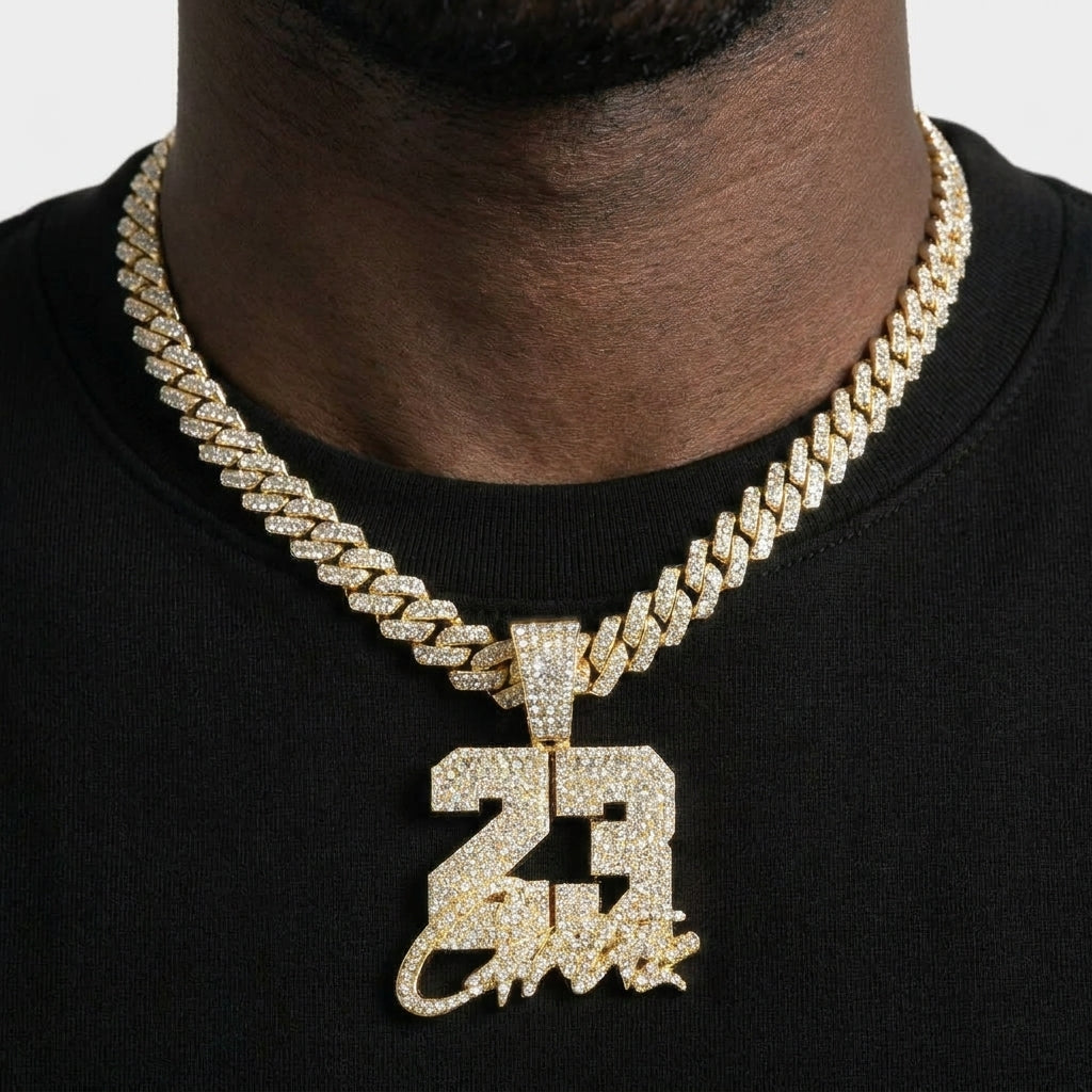 Iced Out Number 23 Pendant Necklace on Cuban Link Chain – Block Numerals with Script Lettering | Silver or Gold