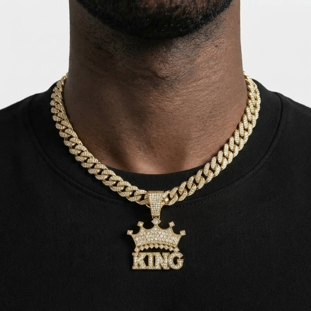 Iced Out Crown KING Pendant Necklace on Cuban Link Chain – Jeweled Crown over Block Letters | Silver or Gold