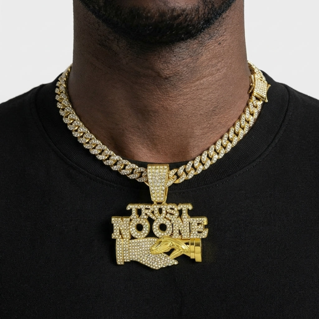 Iced Out TRUST NO ONE Pendant Necklace on Cuban Link Chain – Snake Handshake Design | Gold or Silver