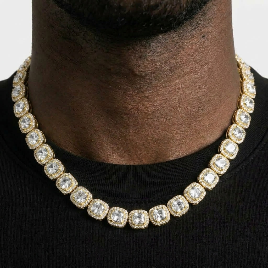 Iced Out Square Halo Cluster Tennis Chain Necklace – Large Center Stones with Double Halo Links | Silver or Gold