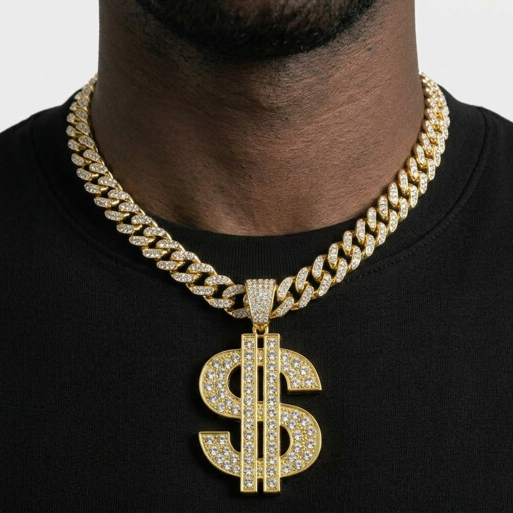 Iced Out Dollar Sign Pendant Necklace on Cuban Link Chain – Double-Bar Money Sign Design | Gold or Silver