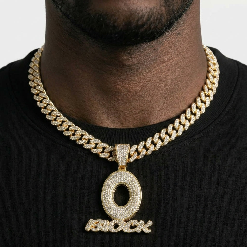 Iced Out O Block Pendant Necklace on Cuban Link Chain – Oversized Open O with Script Lettering | Silver or Gold