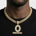 Iced Out O Block Pendant Necklace on Cuban Link Chain – Oversized Open O with Script Lettering | Silver or Gold