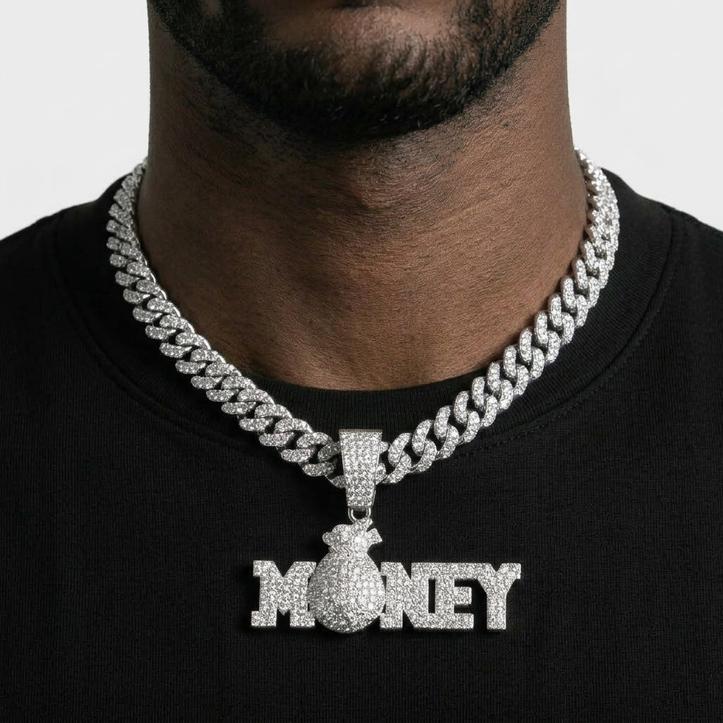 Iced Out MONEY Pendant Necklace on Cuban Link Chain – Money Bag O with Block Letters | Gold or Silver