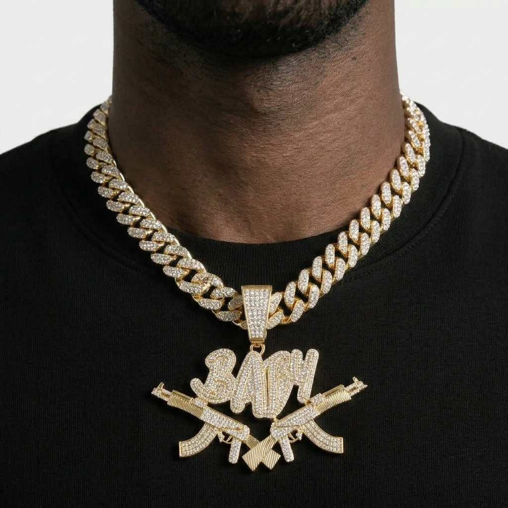 Iced Out Crossed Rifles Pendant Necklace on Cuban Link Chain – BABY Script Lettering | Gold or Silver