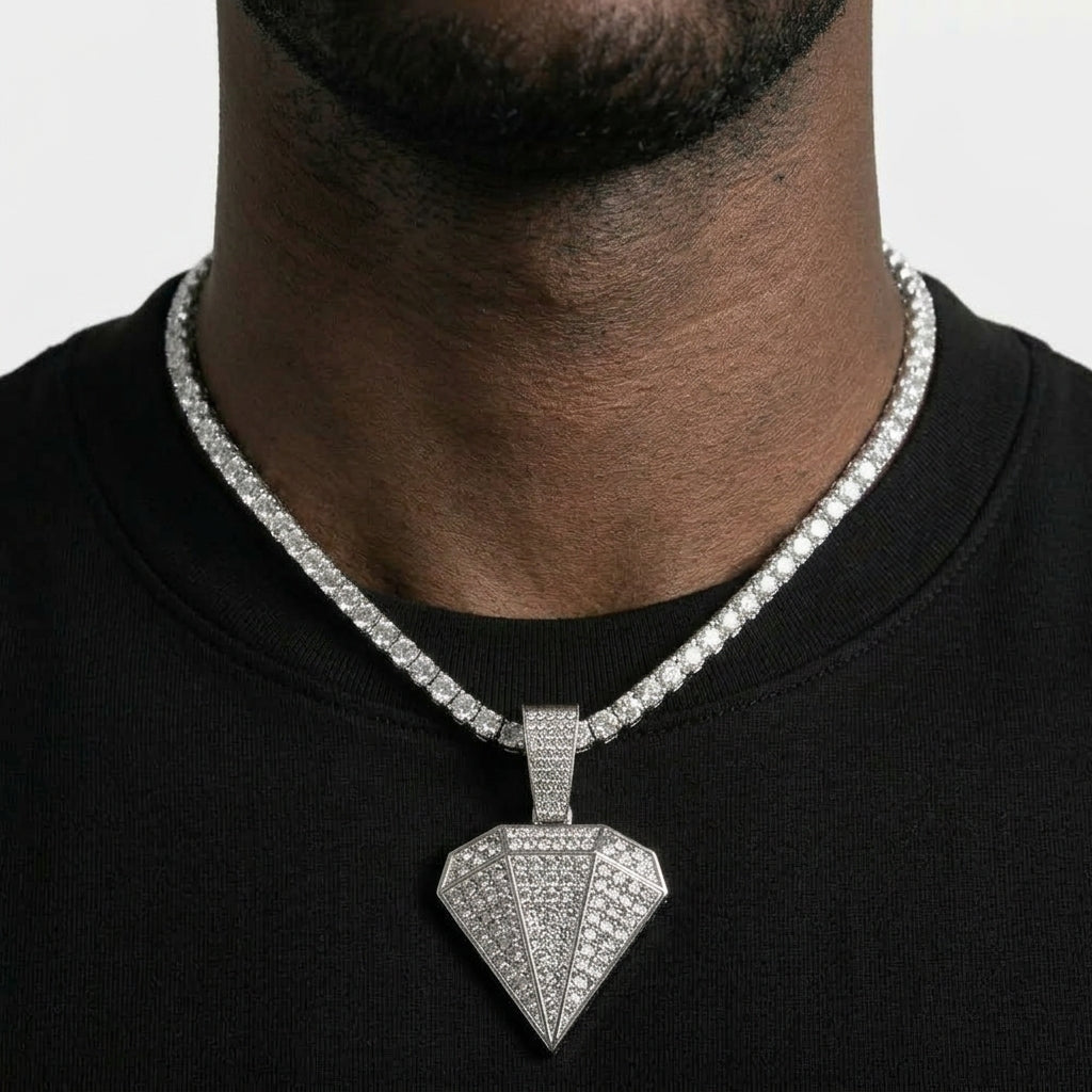 Iced Out Diamond-Shaped Pendant Necklace on Tennis Chain – Faceted Gem Design | Gold or Silver