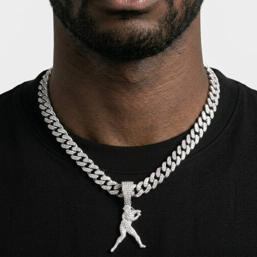 Iced Out Baseball Player Pendant Necklace on Cuban Link Chain – Batter with Bat Over Shoulder | Gold or Silver