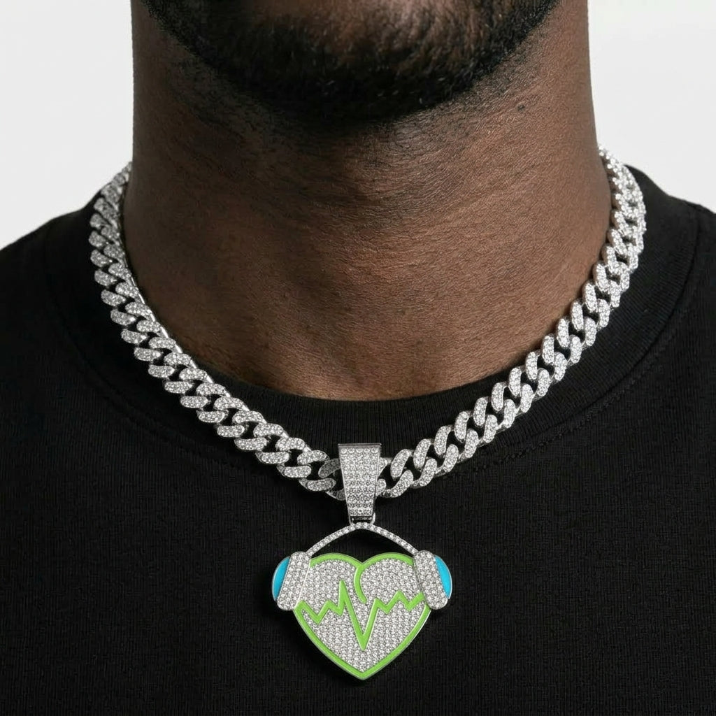 Iced Out Heart with Headphones Pendant Necklace on Cuban Link Chain – Green Enamel Heartbeat Line | Silver or Gold