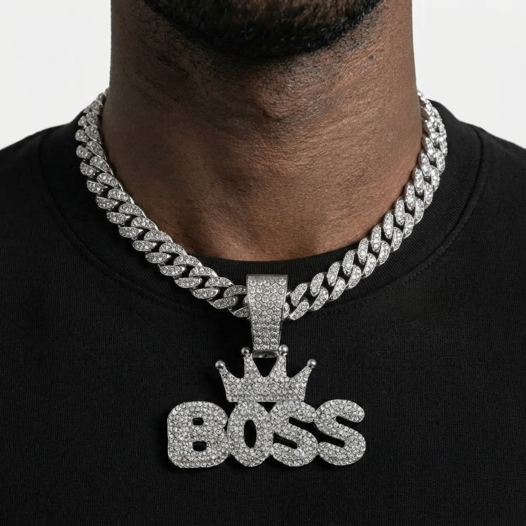 Iced Out Crowned BOSS Pendant Necklace on Cuban Link Chain – Puffy Bubble Letters with Stone-Set Crown | Gold or Silver