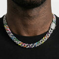 Iced Out Rainbow Cuban Link Chain Necklace – Multicolor Enamel Link Edges with Stone-Set Box Clasp | Silver