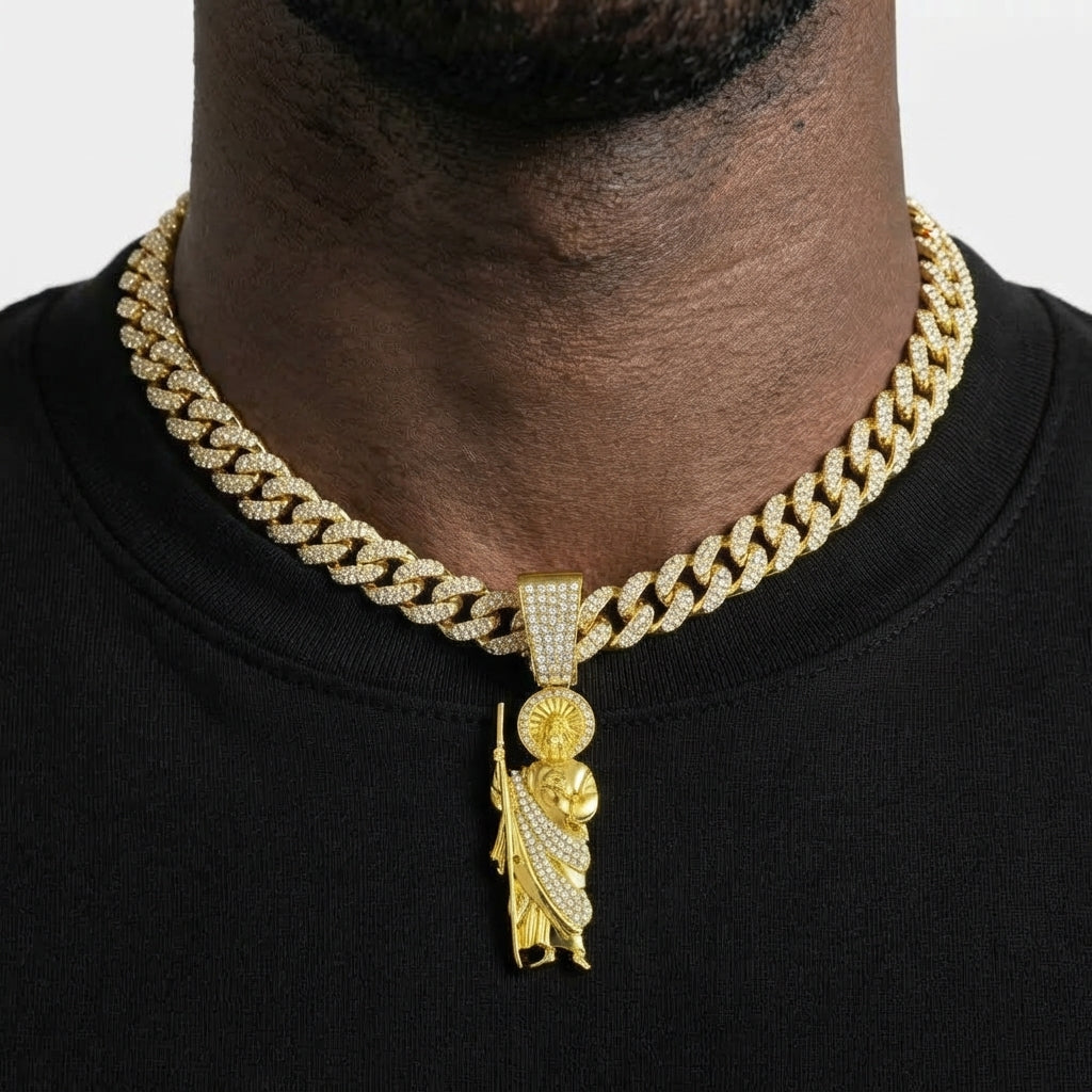 Iced Out San Judas St. Jude Pendant Necklace on Cuban Link Chain – Saint with Staff & Medallion, Religious Jewelry | Silver or Gold