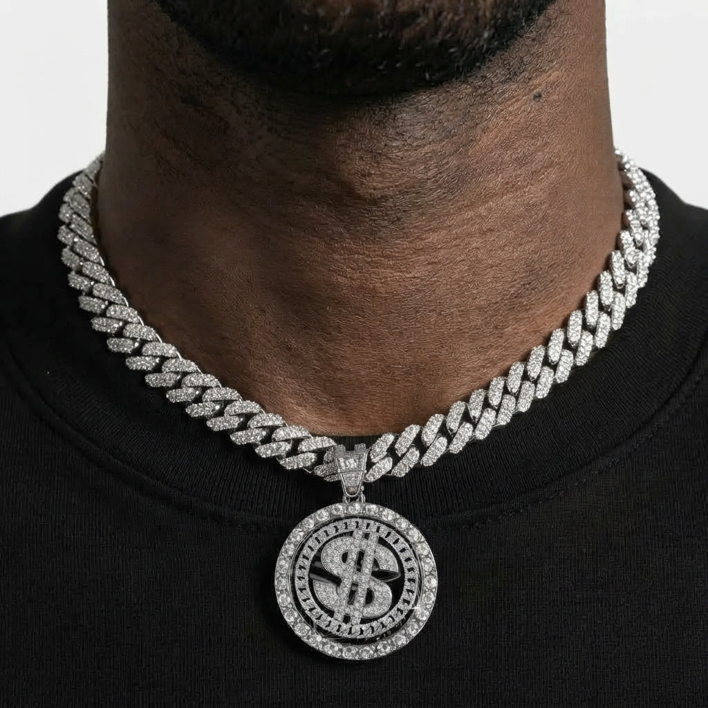 Iced Out Dollar Sign Medallion Pendant Necklace on Cuban Link Chain – Round Stone-Set Frame | Silver or Gold