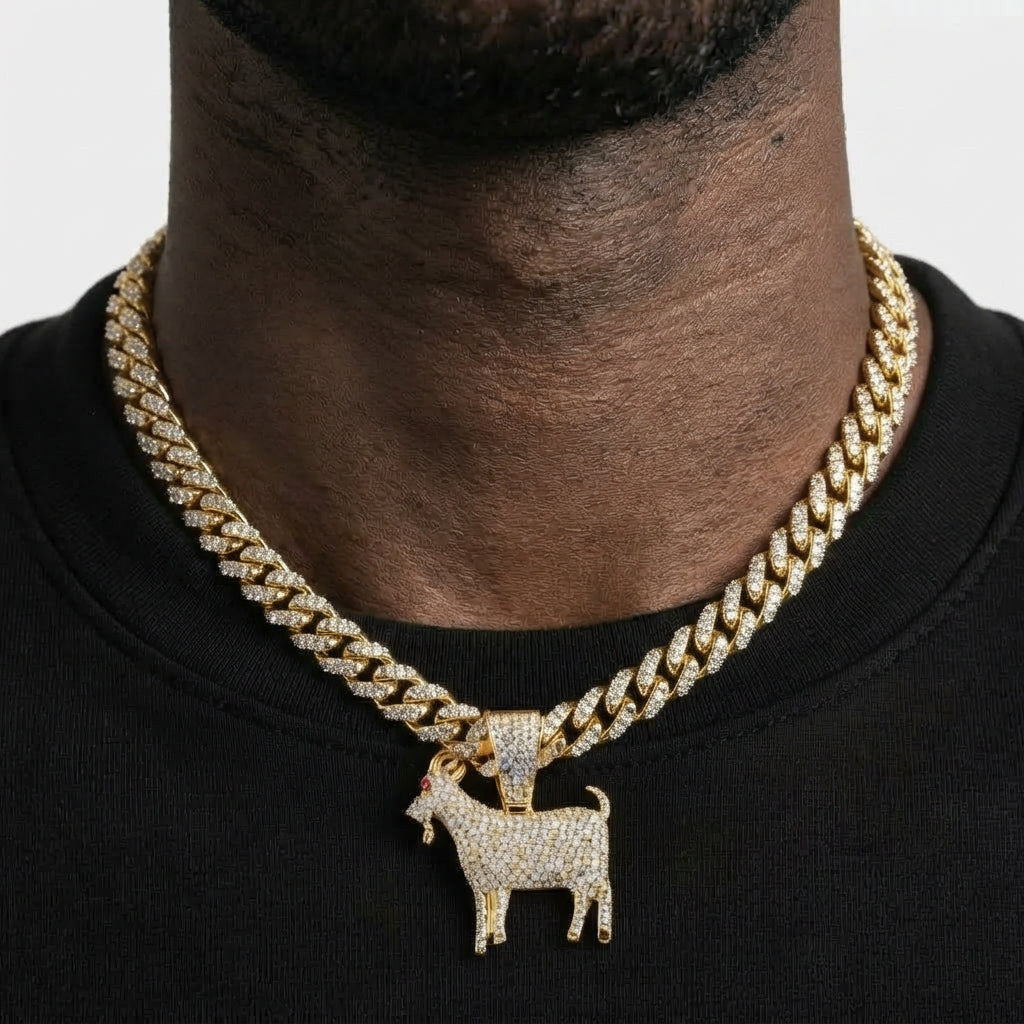 Iced Out Goat Pendant Necklace on Cuban Link Chain – Fully Stone-Set Standing Goat with Red Eye, Horns & Beard | Gold or Silver