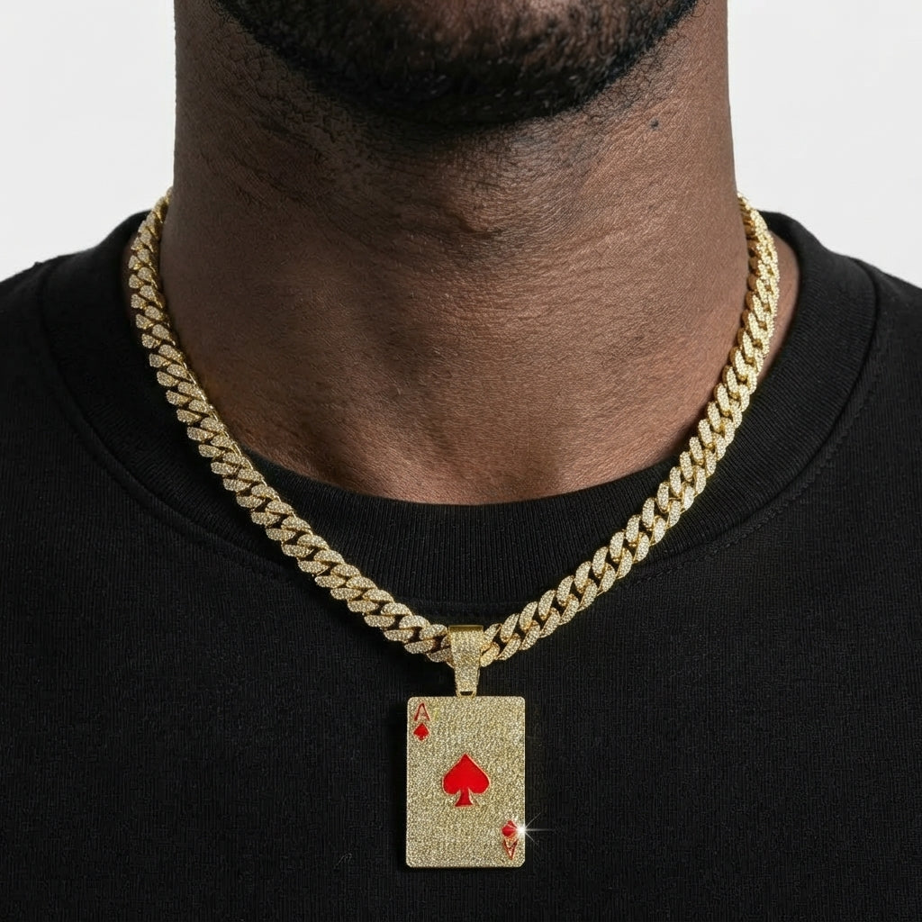 Iced Out Ace of Spades Playing Card Pendant Necklace on Cuban Link Chain – Red Enamel Spade | Silver or Gold