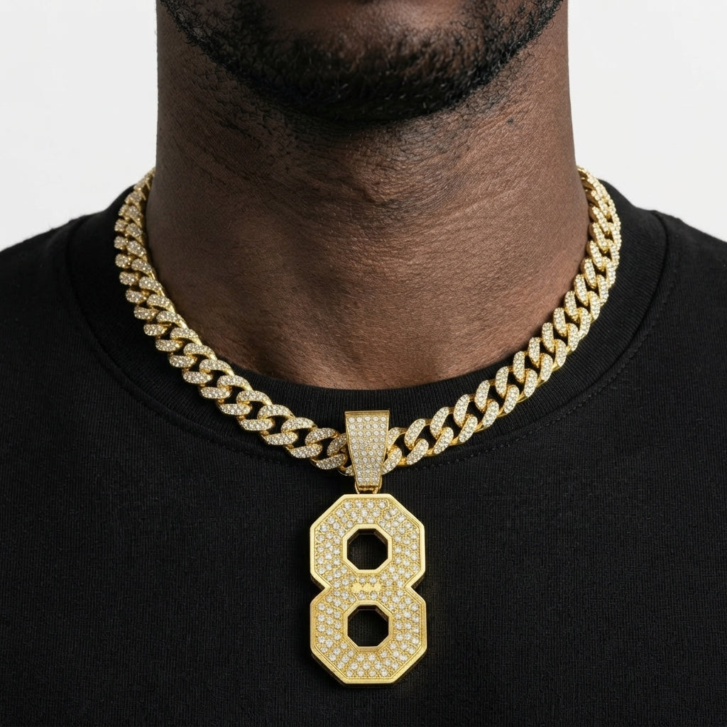 Iced Out Number 8 Pendant Necklace on Cuban Link Chain – Jersey-Style Numeral with Octagon Cutouts | Silver or Gold